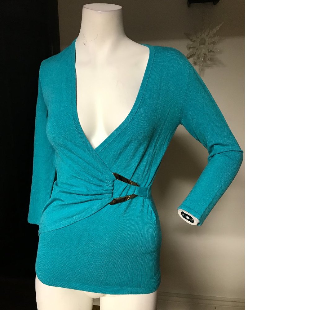 Le Chateau  turquoise green sweater top wrap silver buckle V-neck stretchy NWT